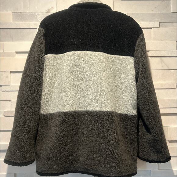 SANDRO Teddy Sherpa Colorblock Coat Black Gray Button Front Jacket 12 Gorpcore - Picture 2 of 7